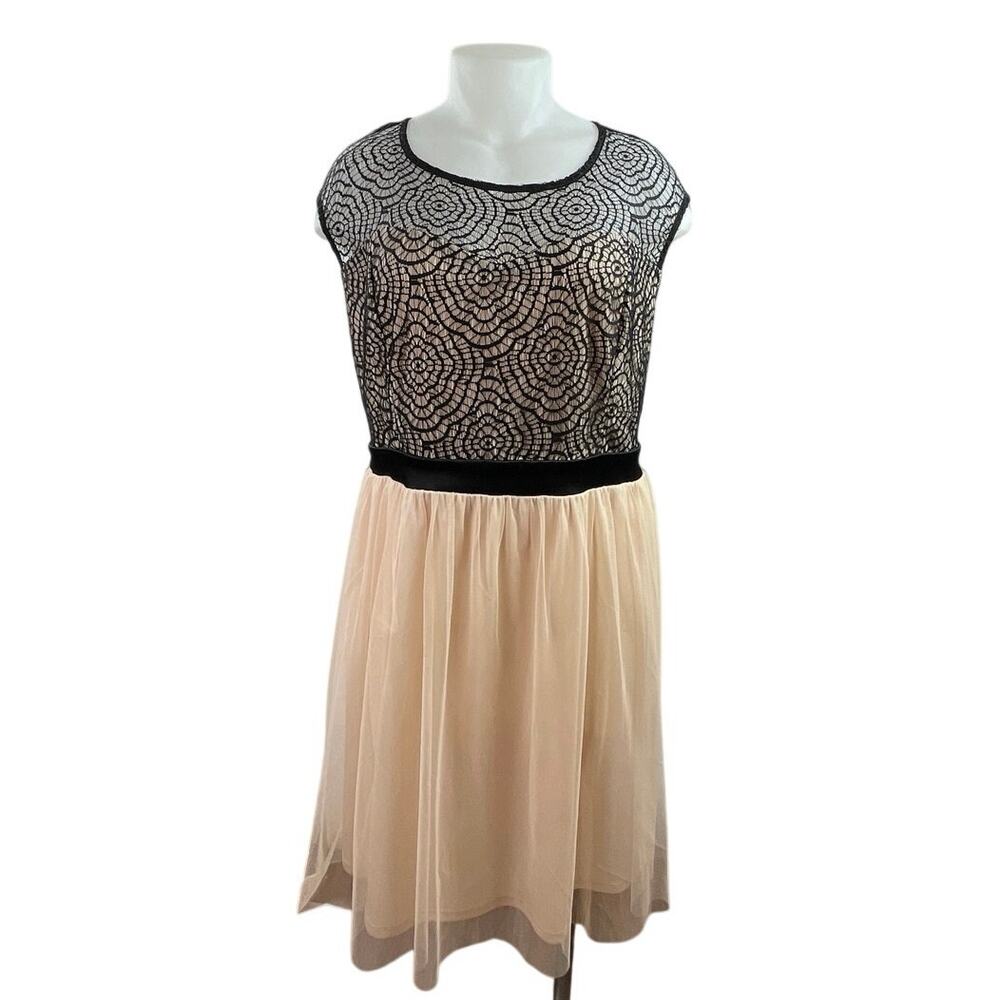 Mystic Black Beige Chiffon Lace Sleeveless Pleated Fit & Flare Mini Dress 3XL
